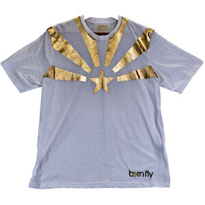 Born Fly Men’s Shirt Gold Star Graphic Logo White Short Sleeve Rare VTG Size L